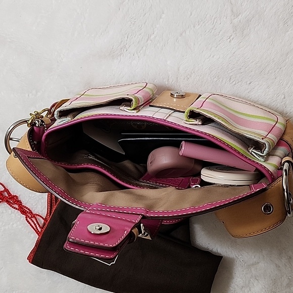 Coach Y2K Soho Hampton Pastel Stripe Leather Trim Flap Shoulder Bag Barbiecore - Picture 14 of 16